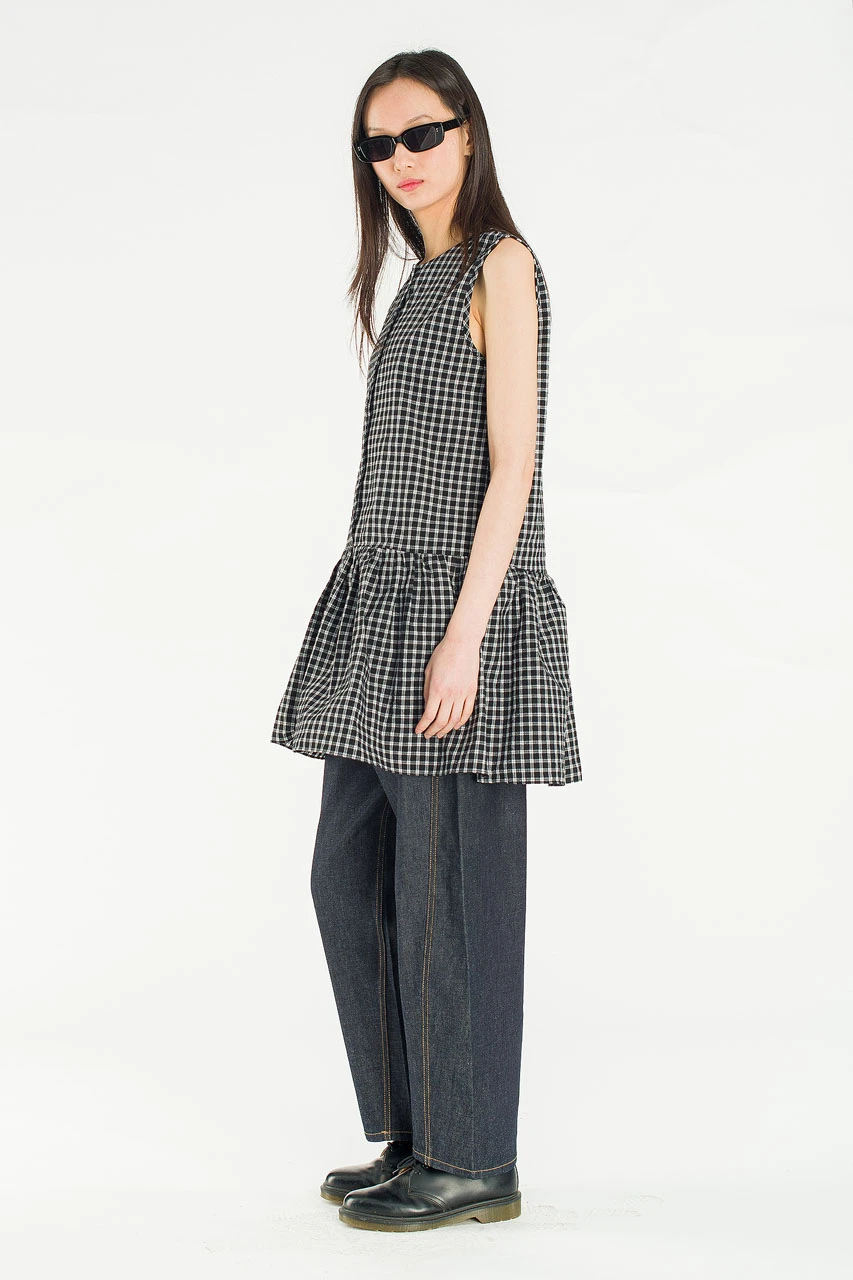 Fara Check Frill Mini Dress, Black