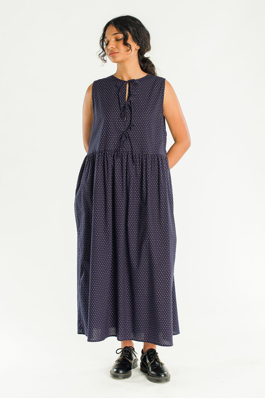 Two Way Print Ribbon Back Dress, Navy
