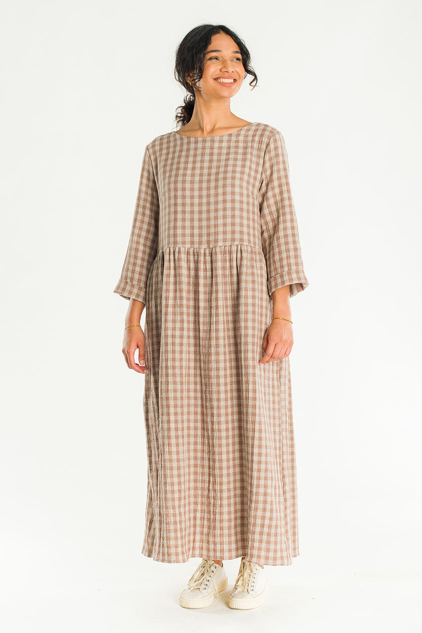 Elsa Double Face Gingham Relax Dress, Beige