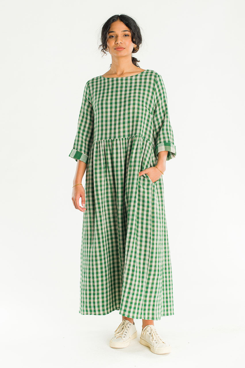 Elsa Double Face Gingham Relax Dress, Green