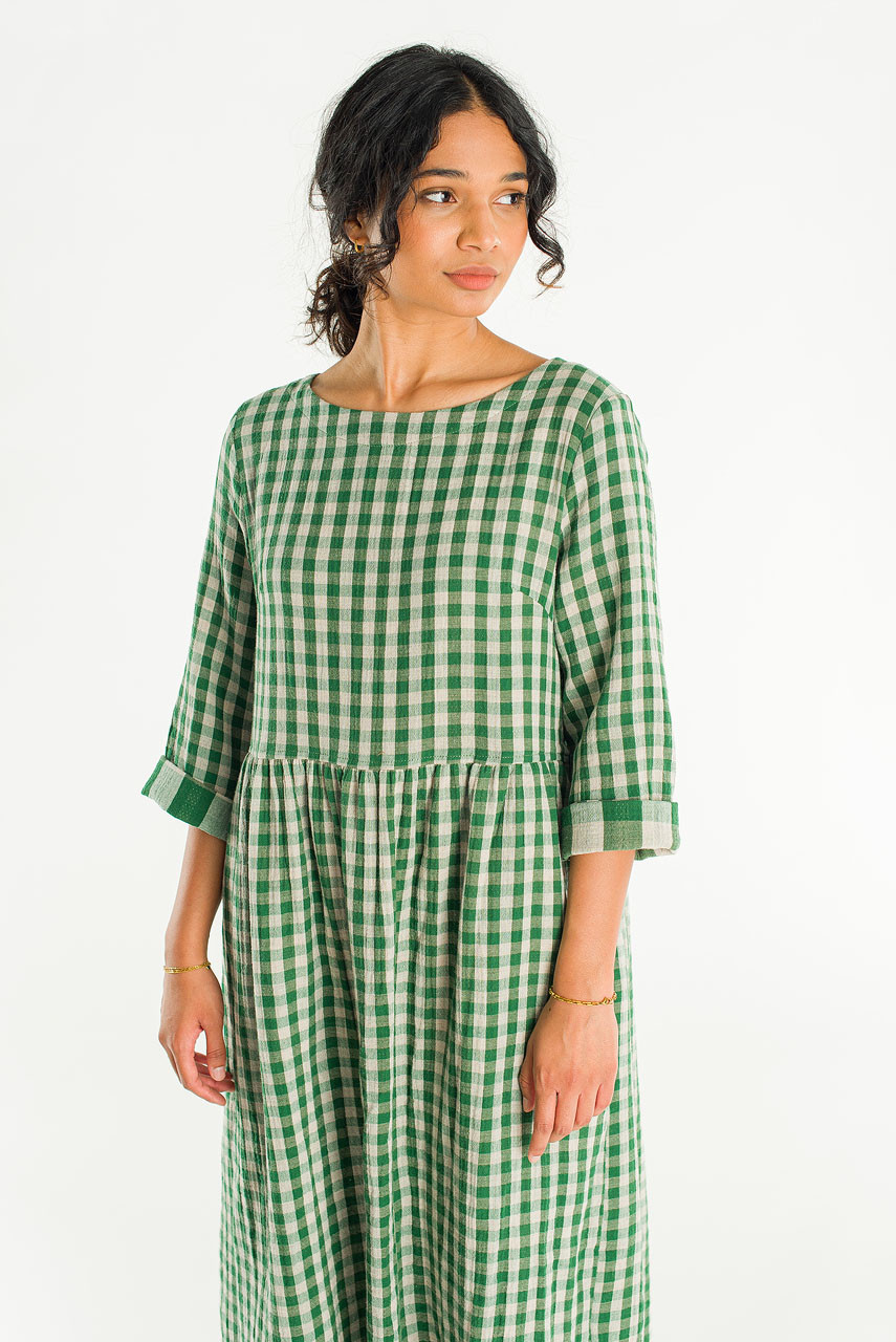 Elsa Double Face Gingham Relax Dress, Green