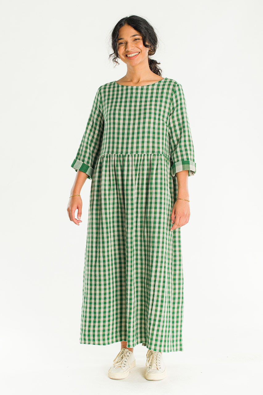 Elsa Double Face Gingham Relax Dress, Green
