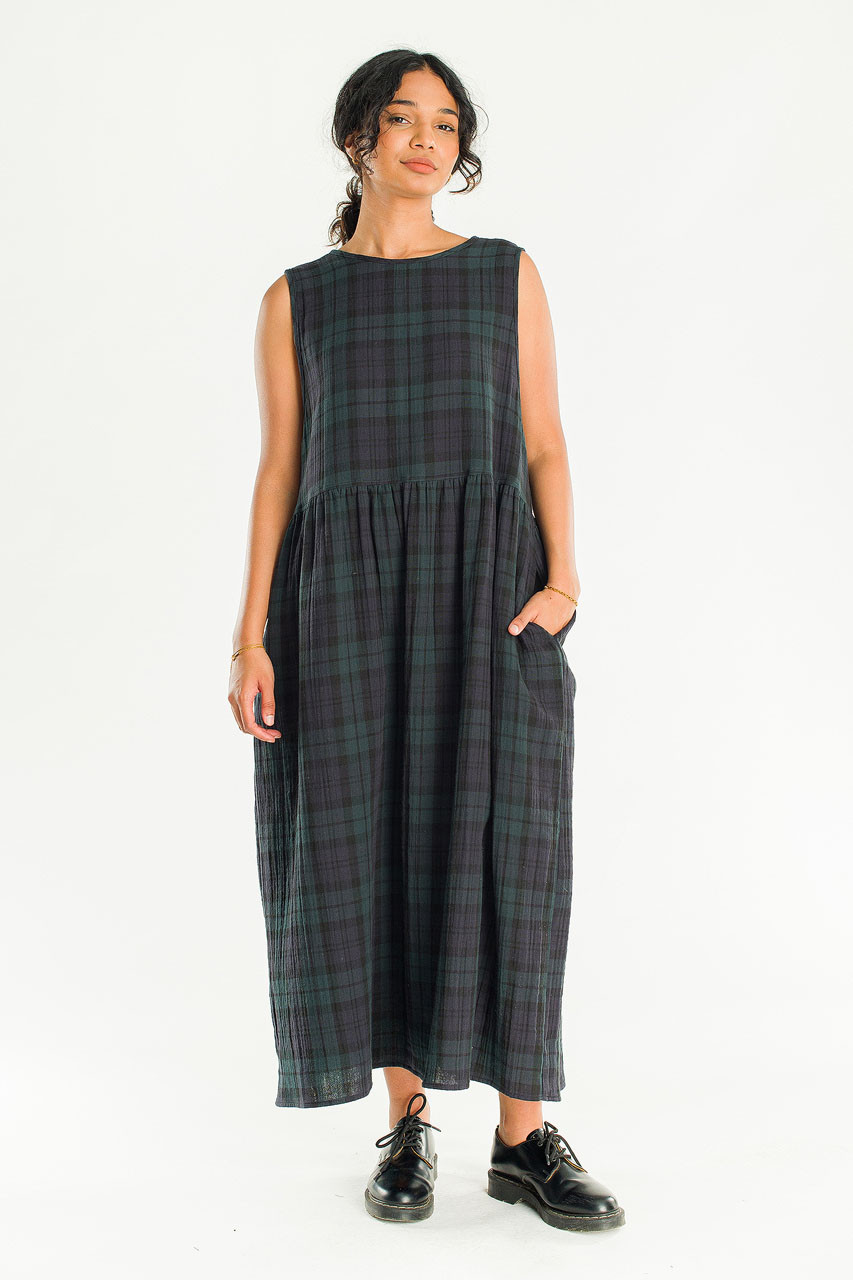 Tasha Large Check Relax Pinafore Dress, Green
