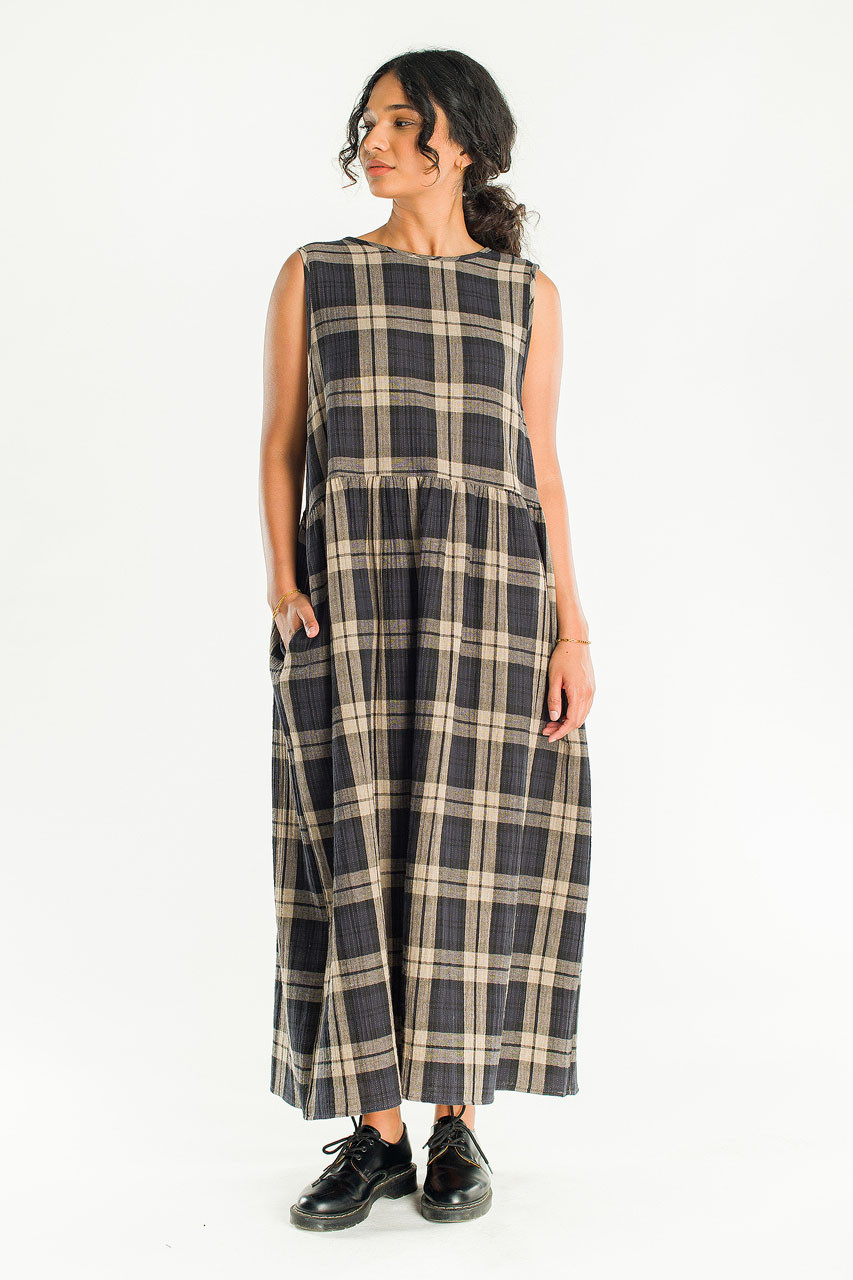 Tasha Large Check Relax Pinafore Dress, Taupe