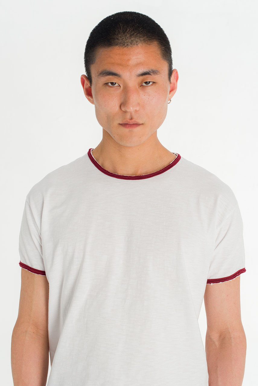 Menswear | Raw-Cut Ringer T-Shirt, White/ Burgundy