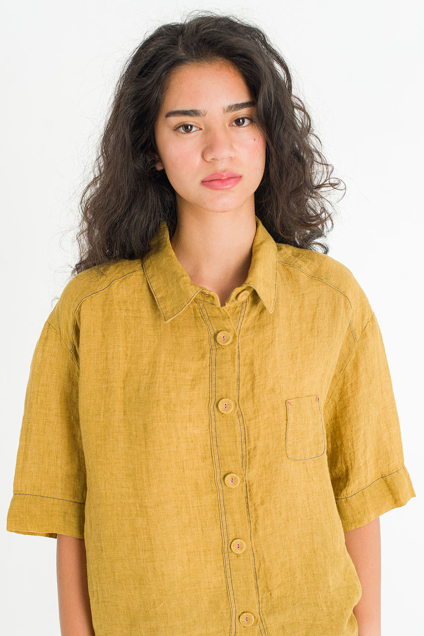 Arira Short Sleeve Linen Shirt, Mustard