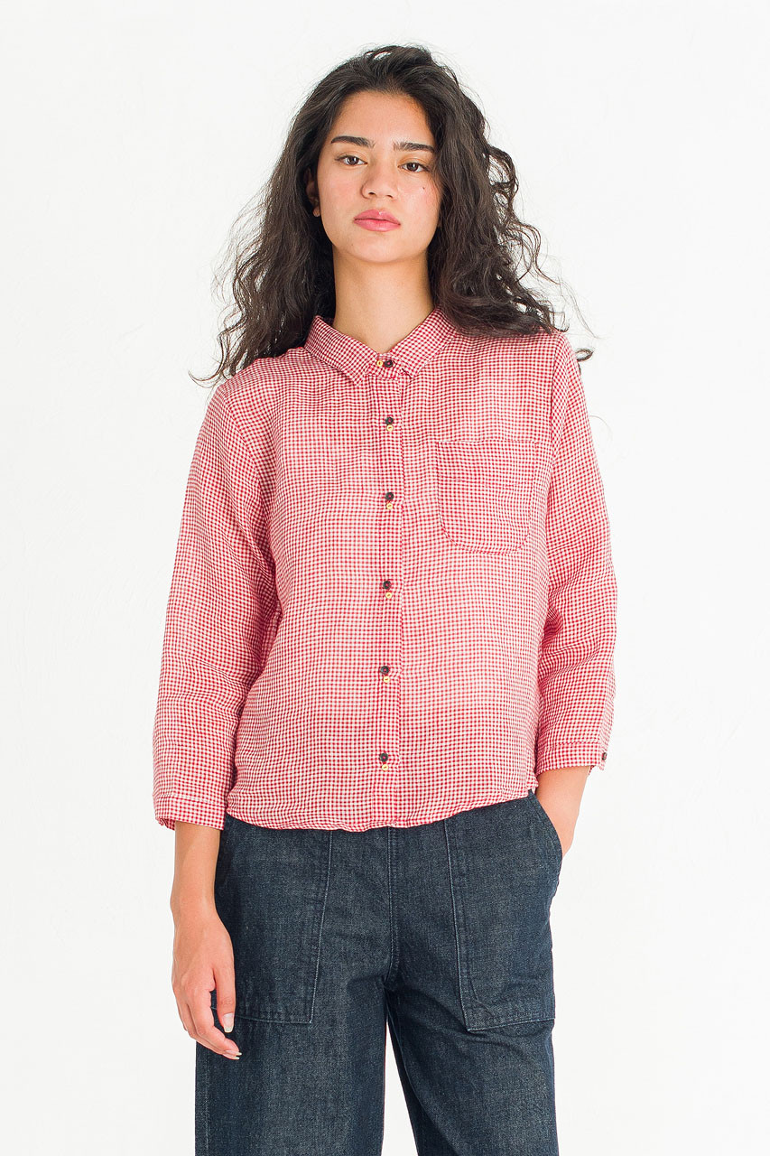 Twin Button Gingham Linen Blouse, Red