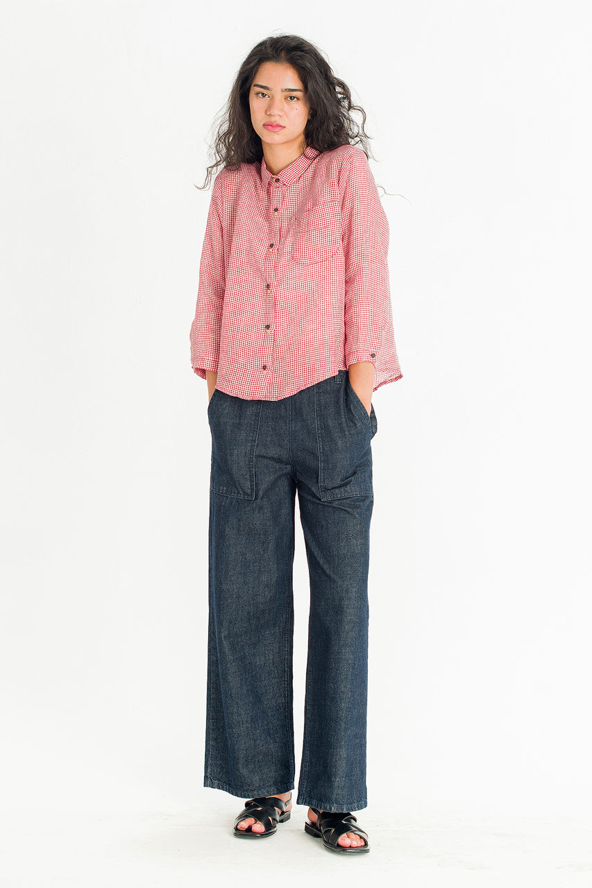 Twin Button Gingham Linen Blouse, Red