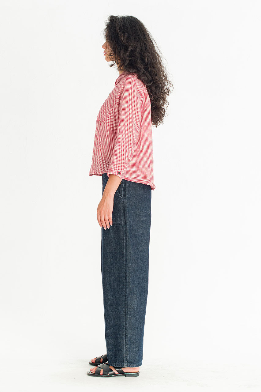 Twin Button Gingham Linen Blouse, Red
