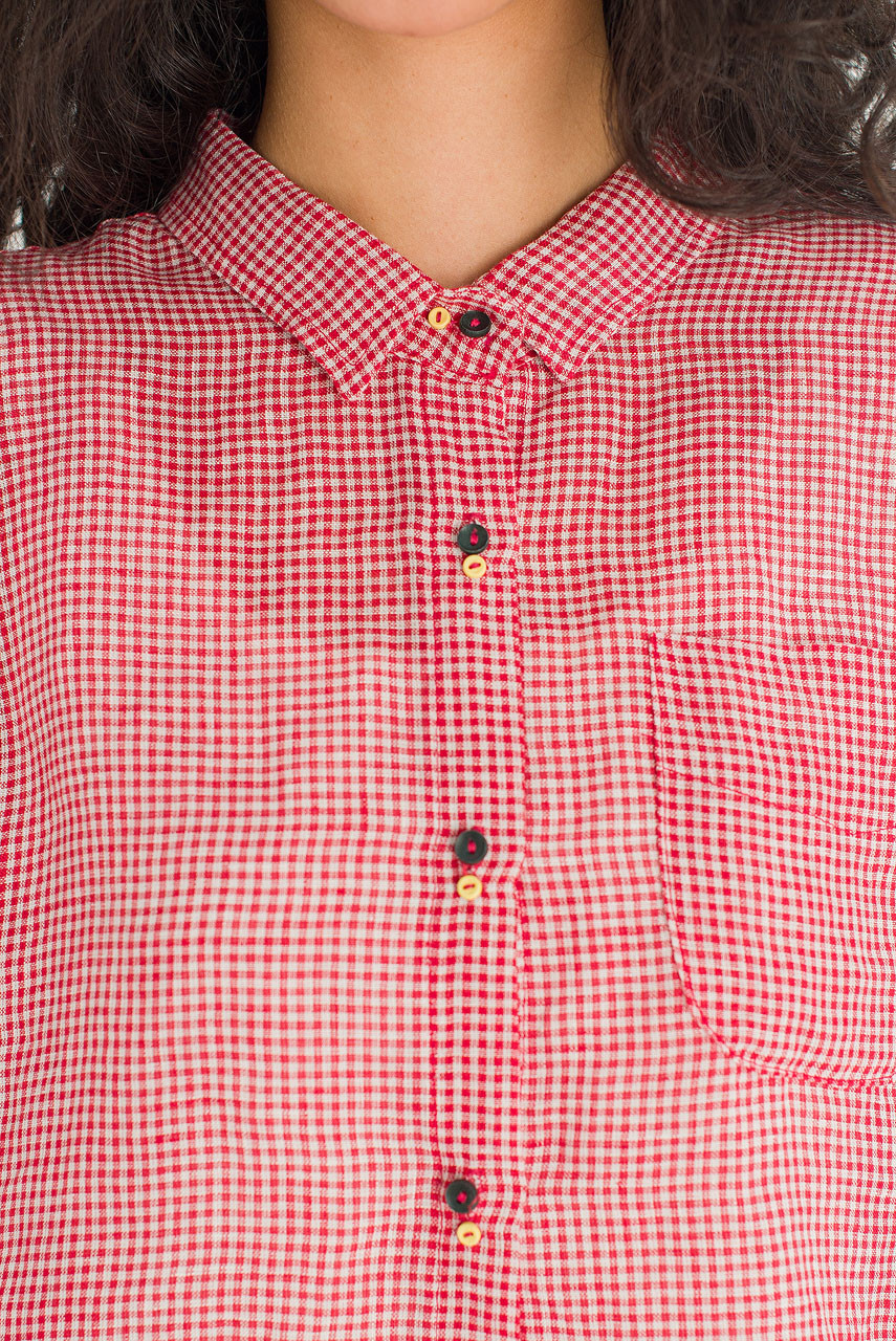 Twin Button Gingham Linen Blouse, Red