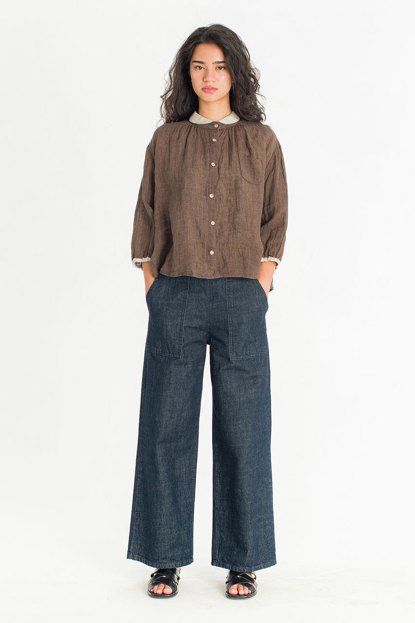 Petite Collar Linen Blouse, Brown