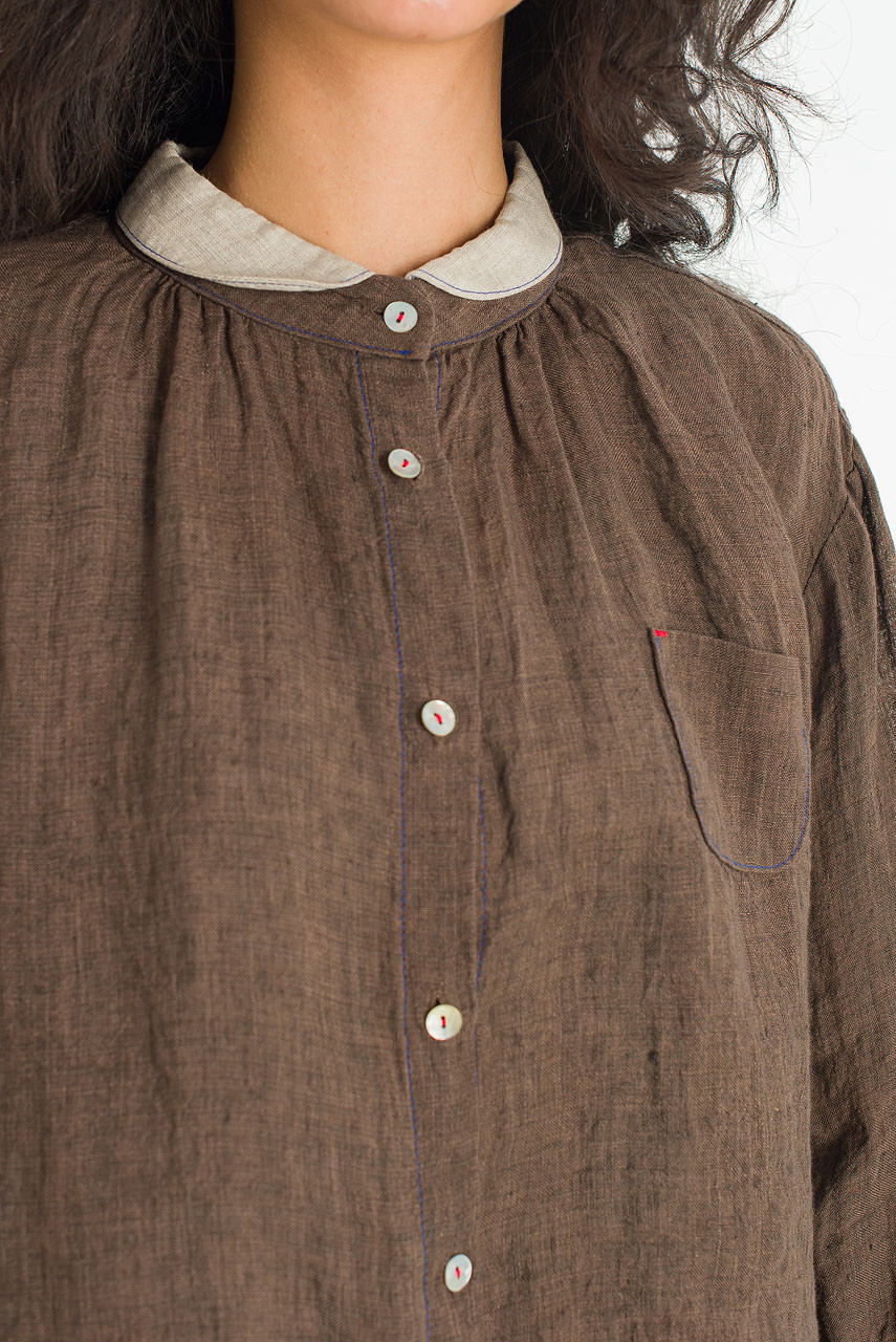 Petite Collar Linen Blouse, Brown