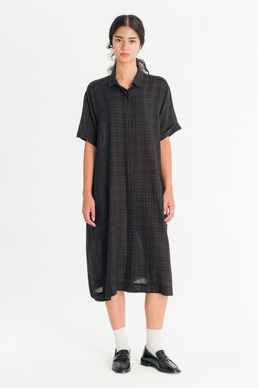 Soft Pebble Check Shirt Dress, Black
