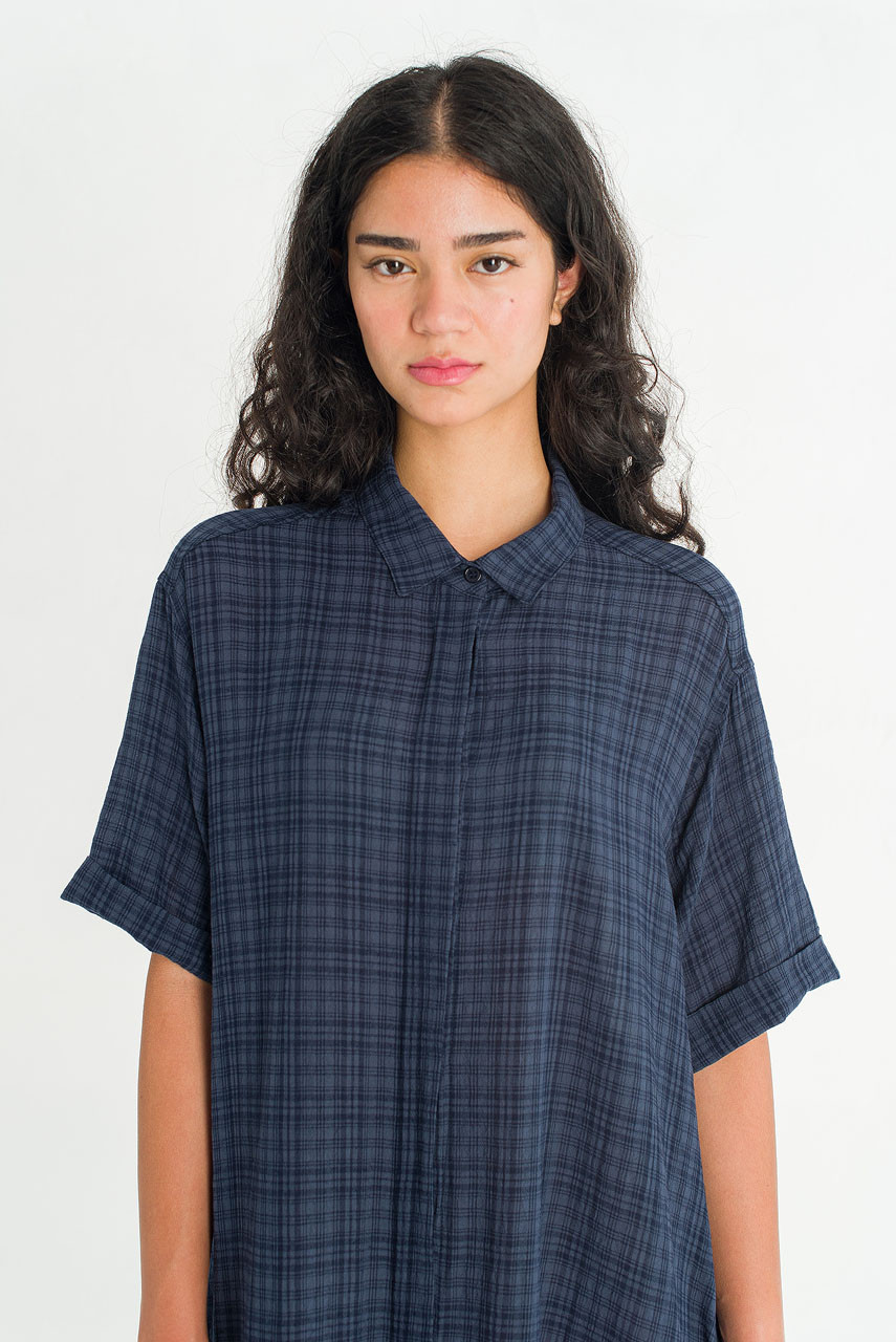 Soft Pebble Check Shirt Dress, Navy