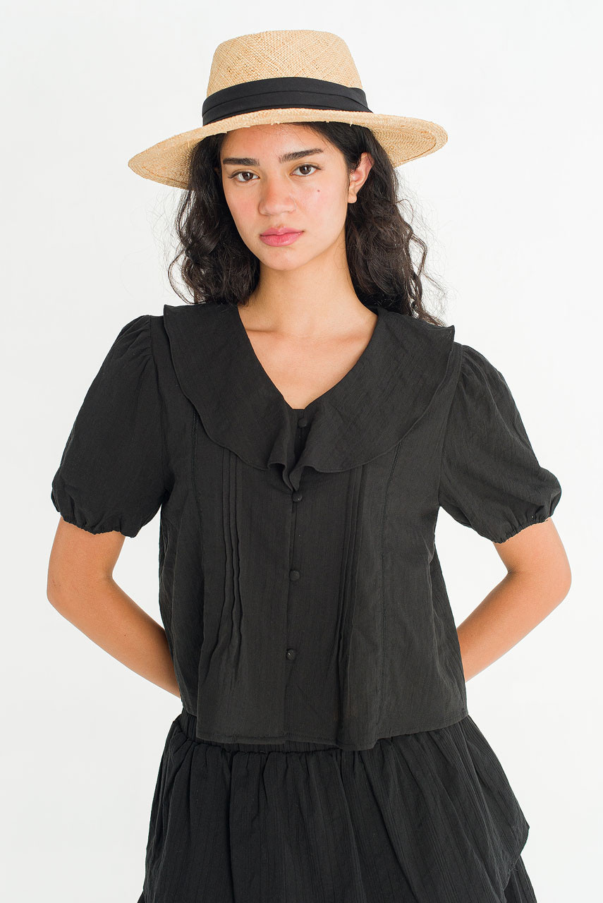 Petal Frill Pintuck Blouse, Black