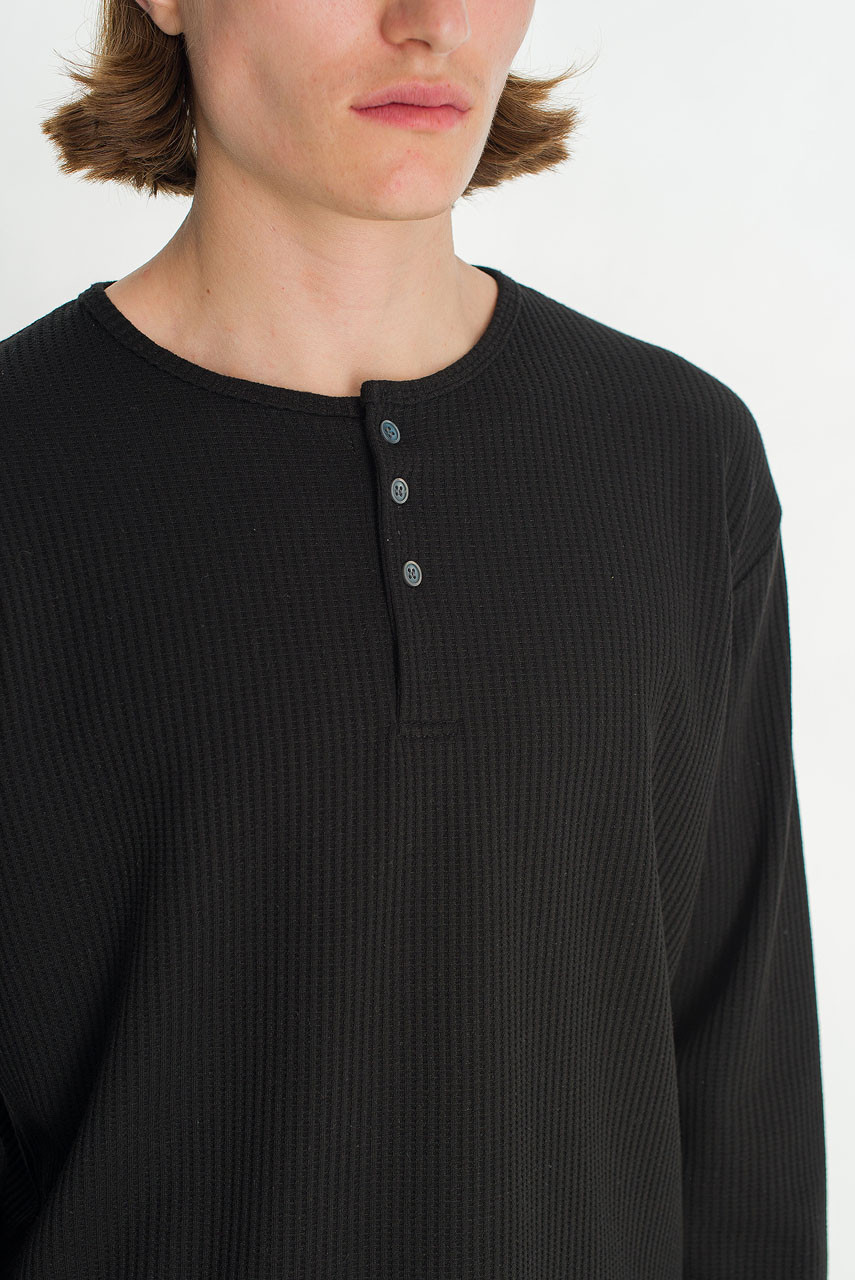 Menswear | Waffle Crop Henley Tee, Black