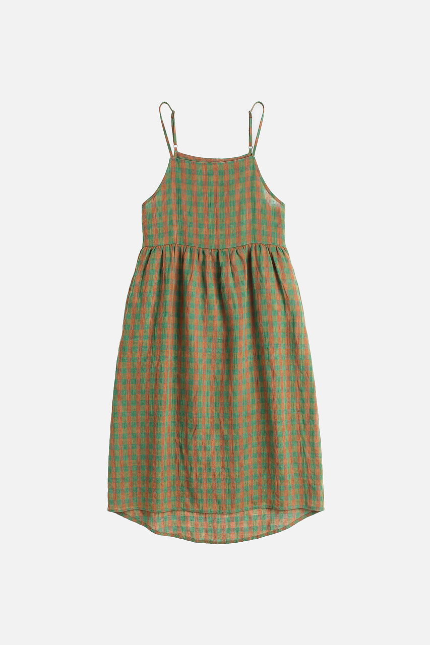 Linen Check Slip Dress, Green