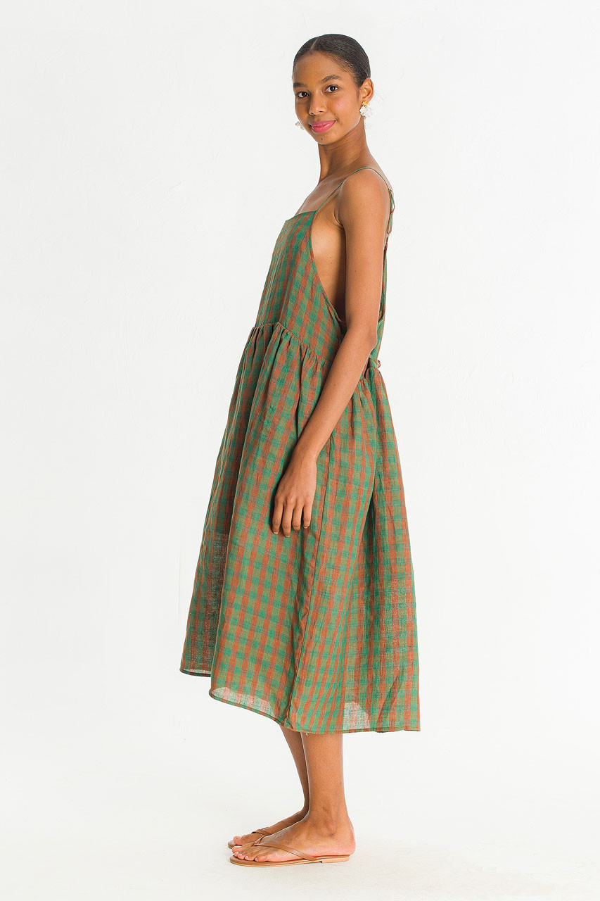 Linen Check Slip Dress, Green