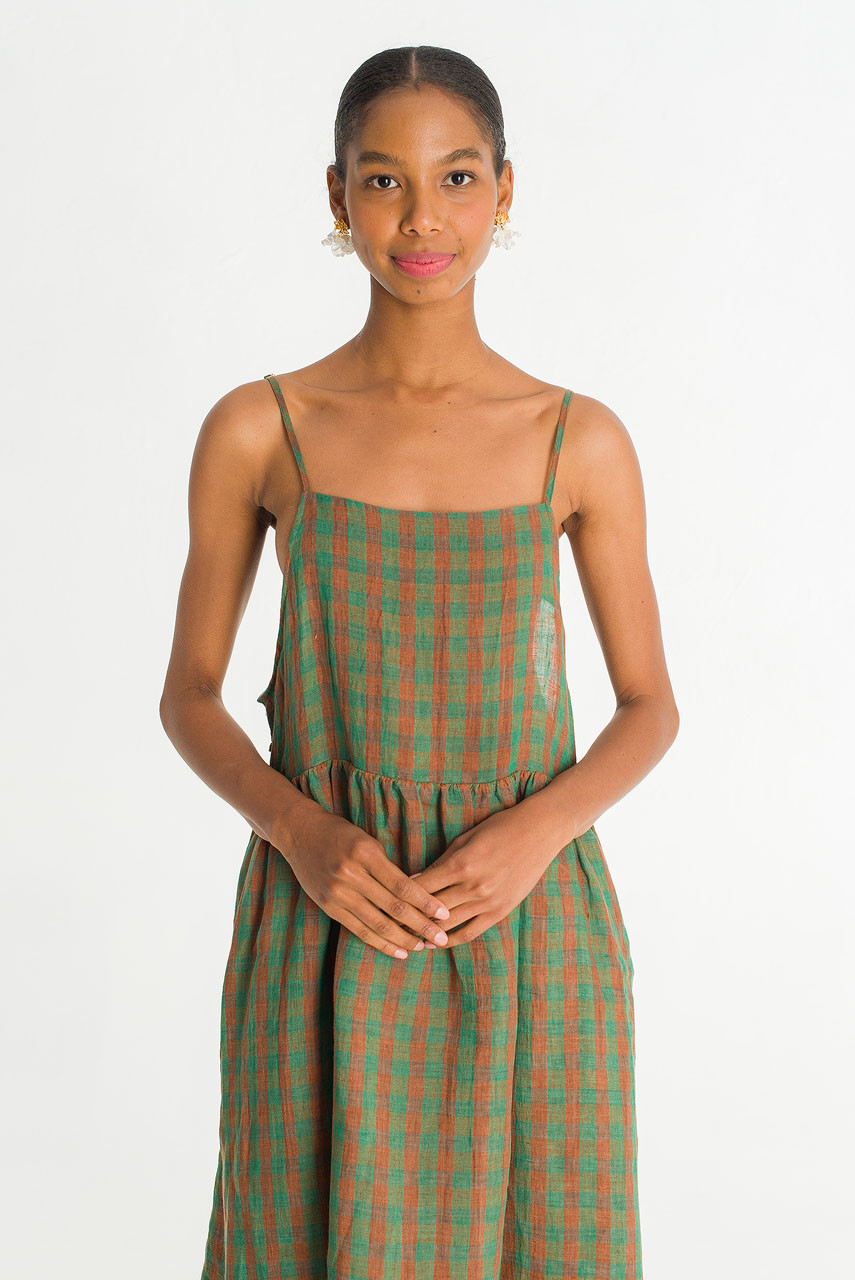 Linen Check Slip Dress, Green