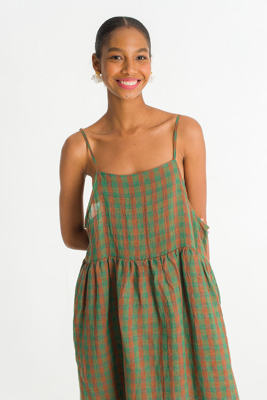 Linen Check Slip Dress, Green