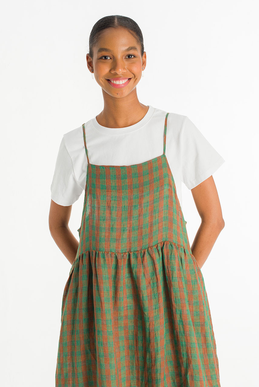 Linen Check Slip Dress, Green