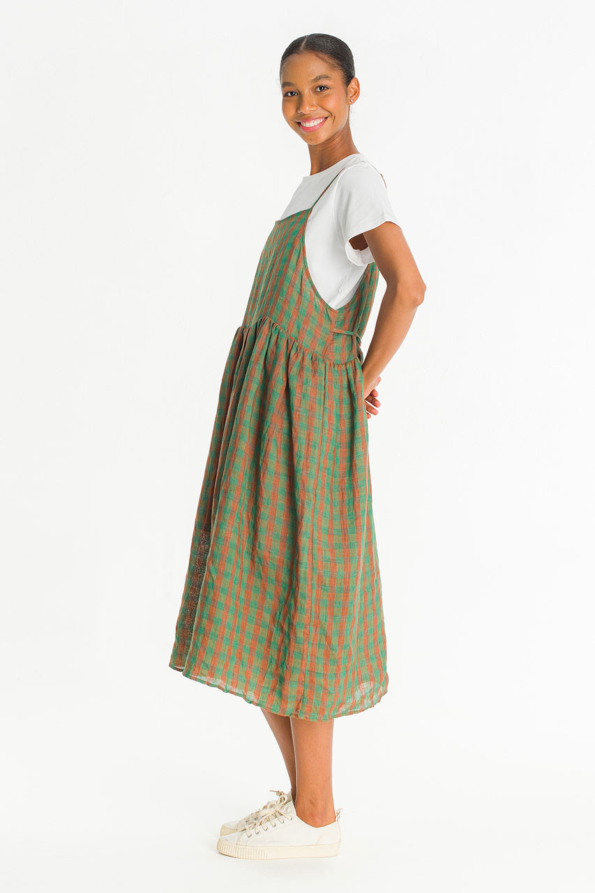 Linen Check Slip Dress, Green