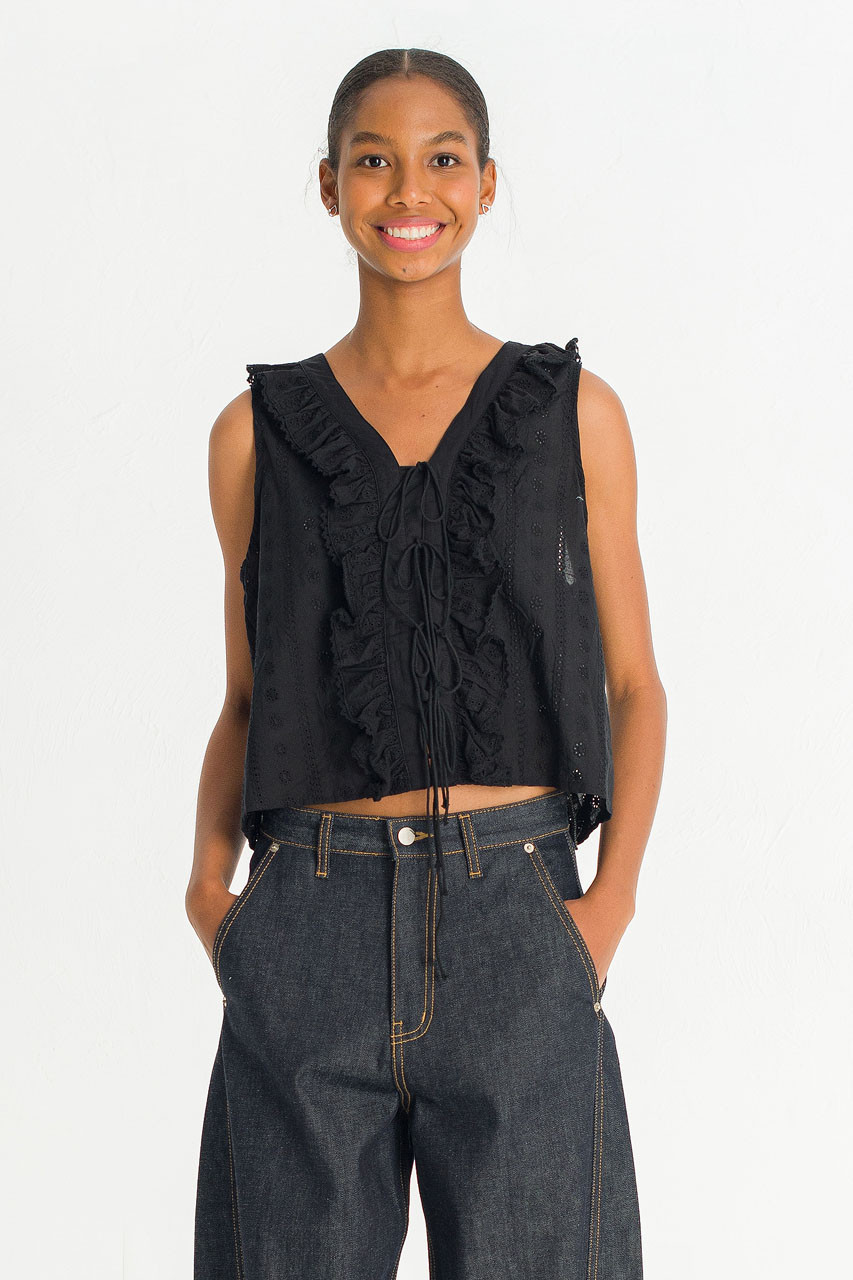 Mina Lace Ribbon Detail Blouse, Black