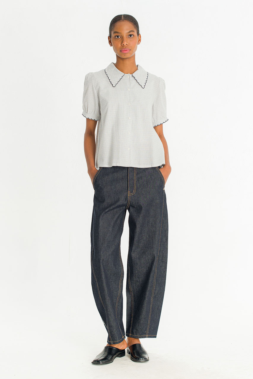 Embroidered Collar Check Blouse, Blue