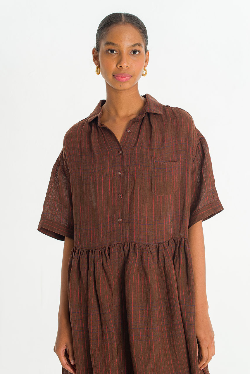 Boxy Check Linen Shirt Dress, Brown