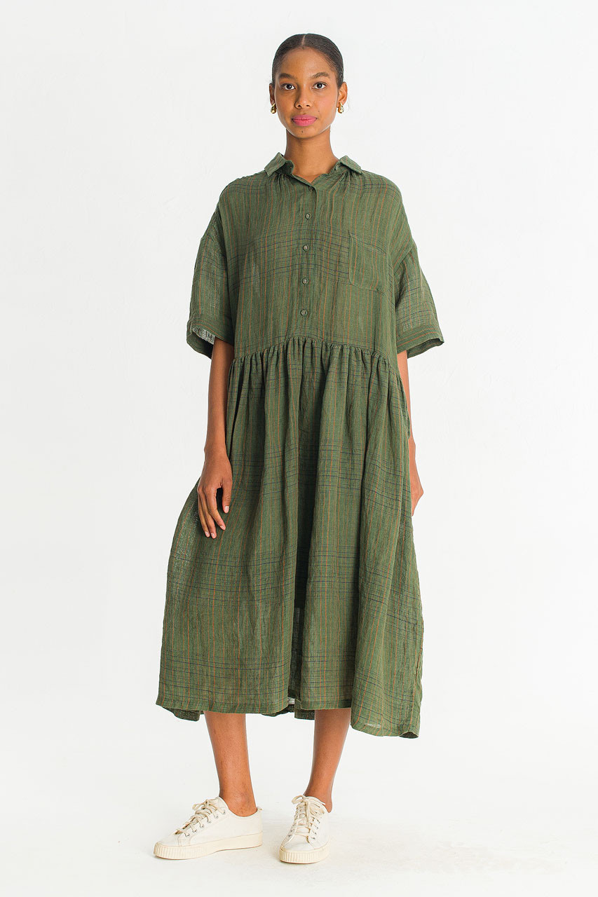 Boxy Check Linen Shirt Dress, Khaki