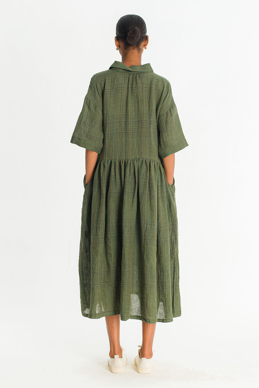 Boxy Check Linen Shirt Dress, Khaki