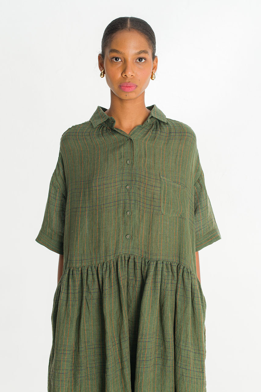 Boxy Check Linen Shirt Dress, Khaki