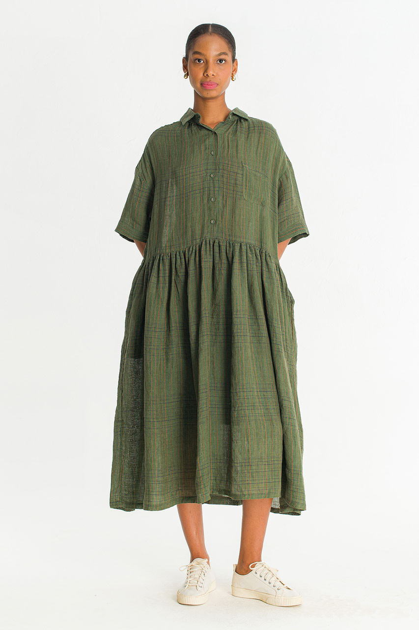 Boxy Check Linen Shirt Dress, Khaki