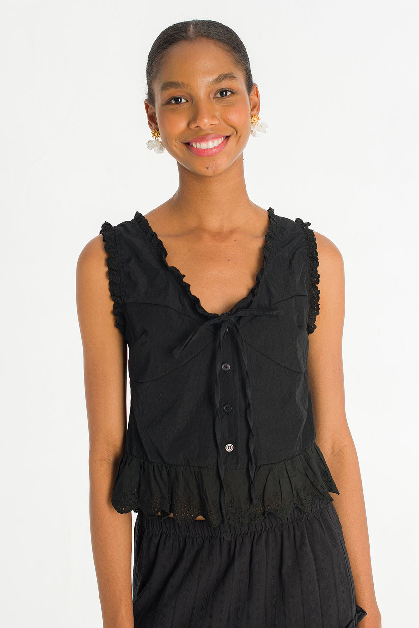 Rosaire Lace Trim Sleeveless Blouse, Black