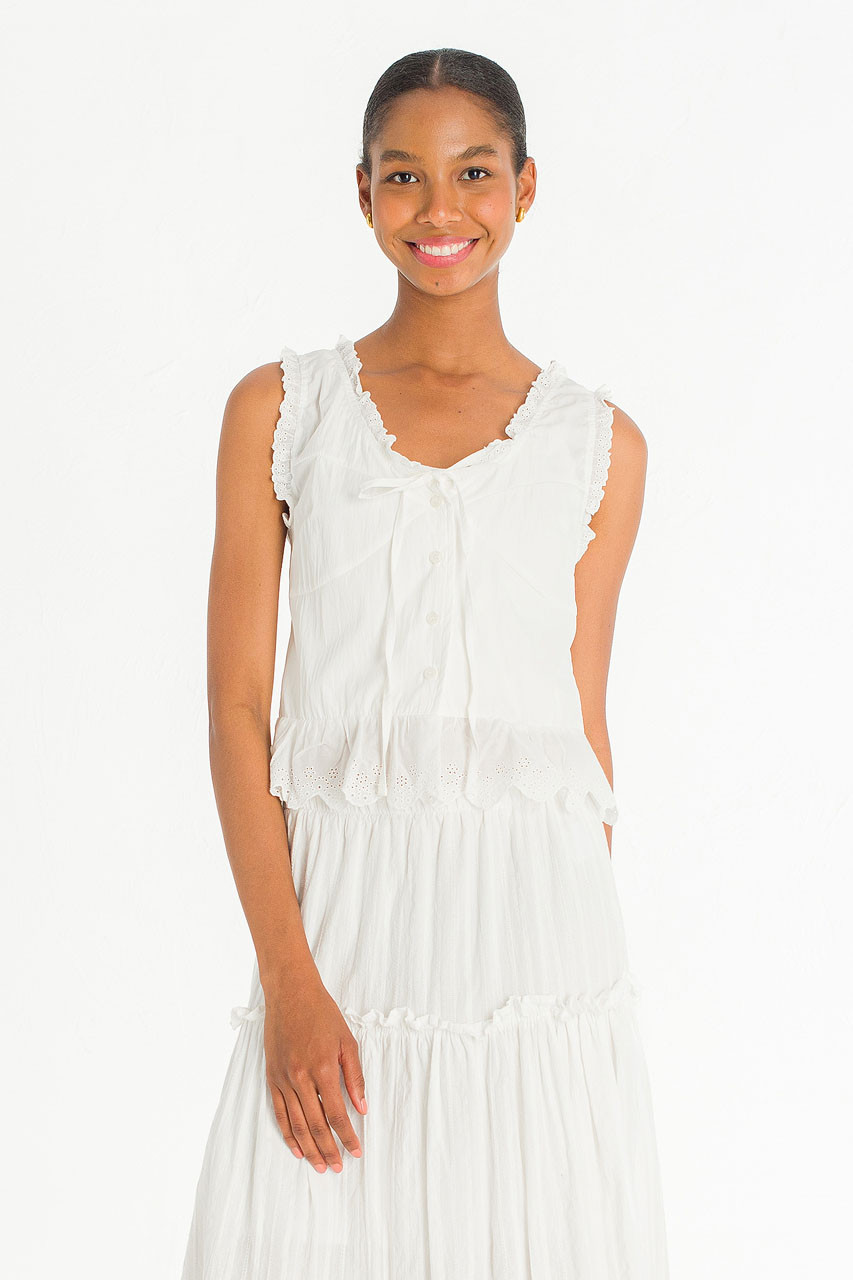 Rosaire Lace Trim Sleeveless Blouse, White