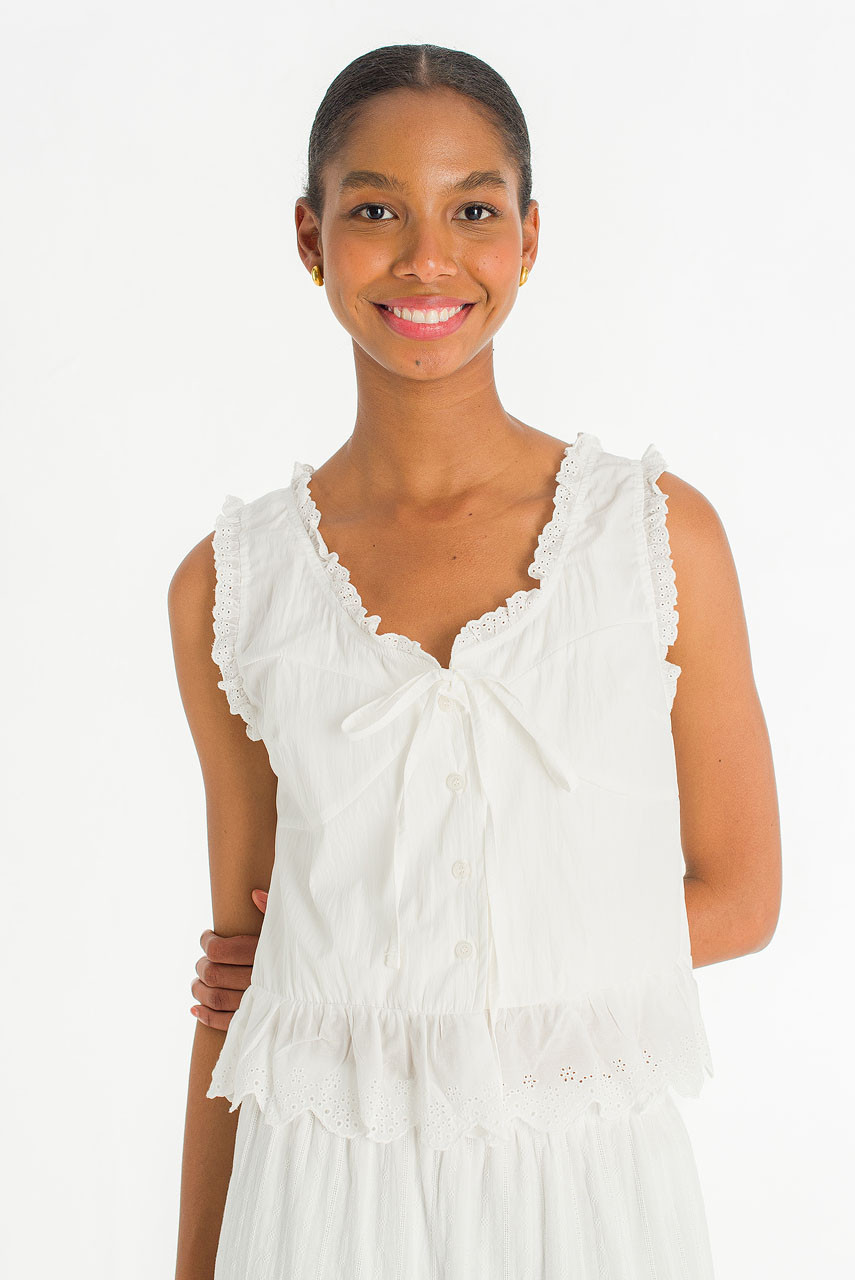 Rosaire Lace Trim Sleeveless Blouse, White