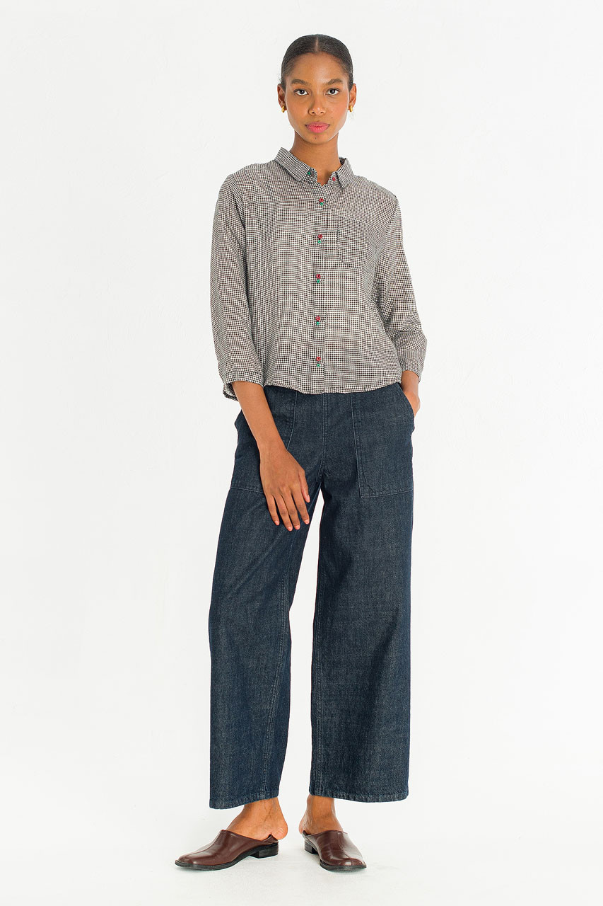 Twin Button Gingham Linen Blouse, Black