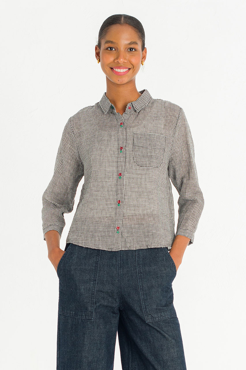 Twin Button Gingham Linen Blouse, Black