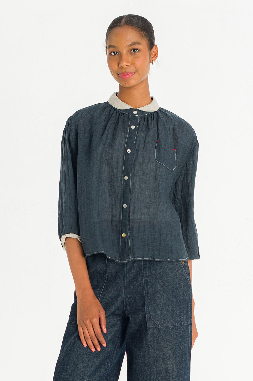 Petite Collar Linen Blouse, Navy