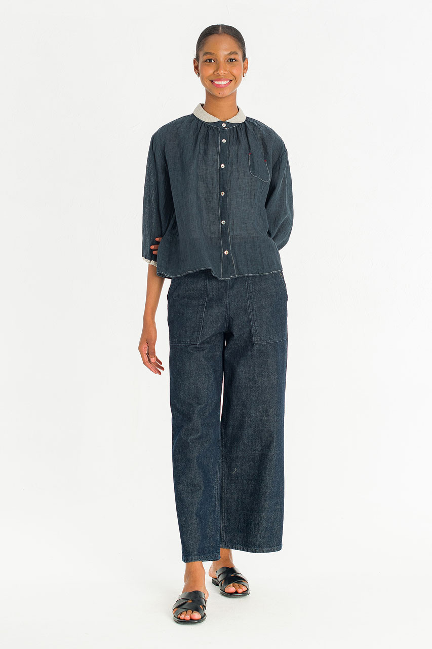 Petite Collar Linen Blouse, Navy