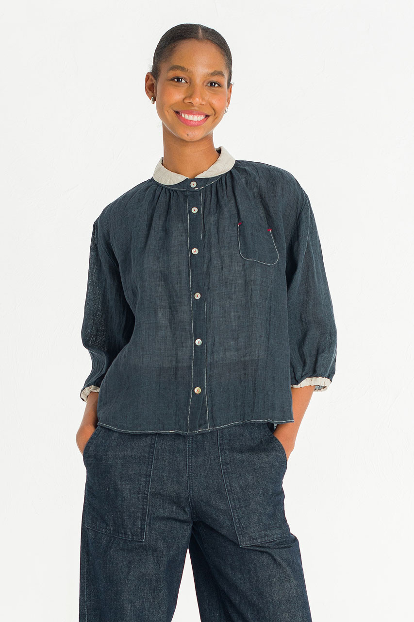 Petite Collar Linen Blouse, Navy
