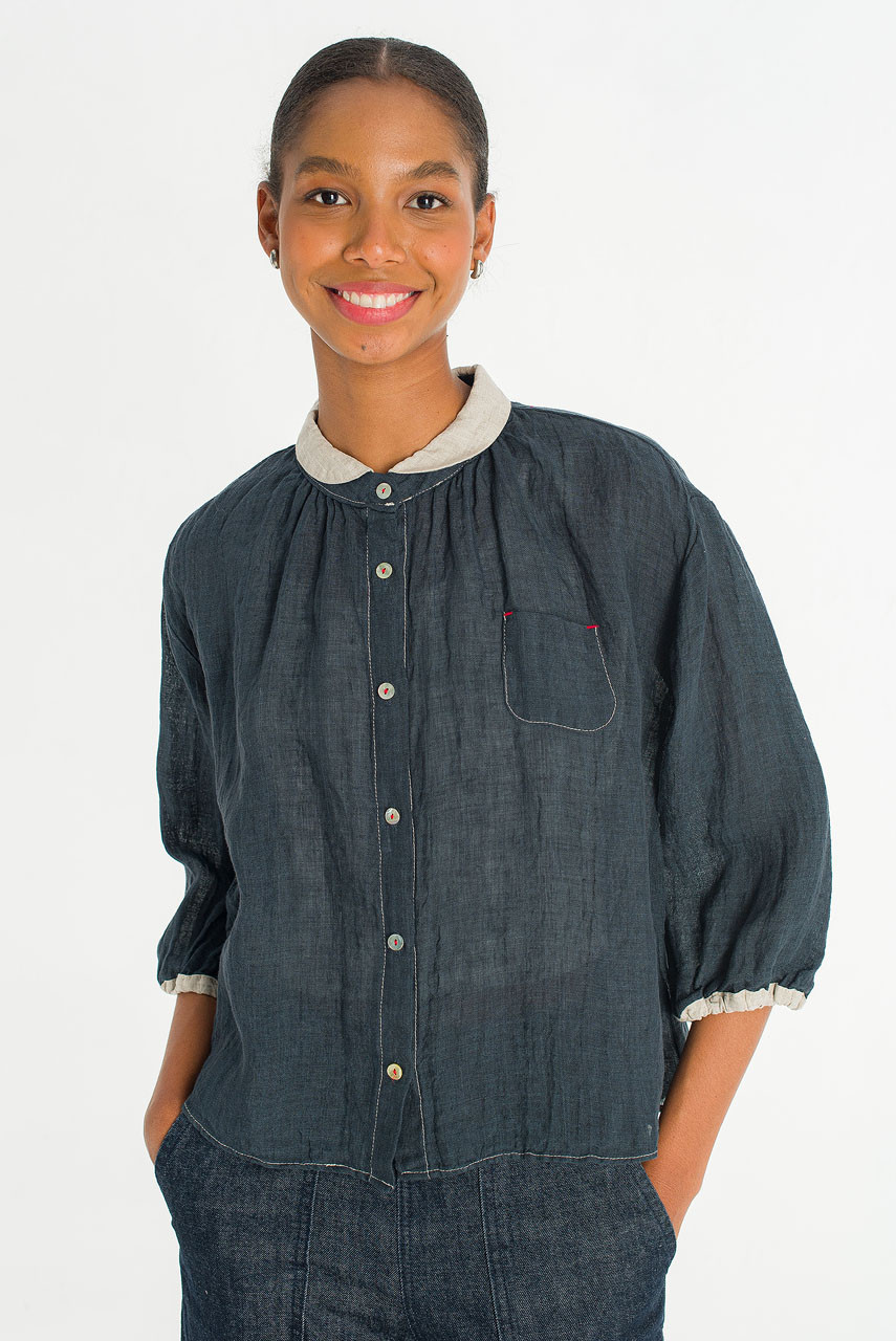Petite Collar Linen Blouse, Navy