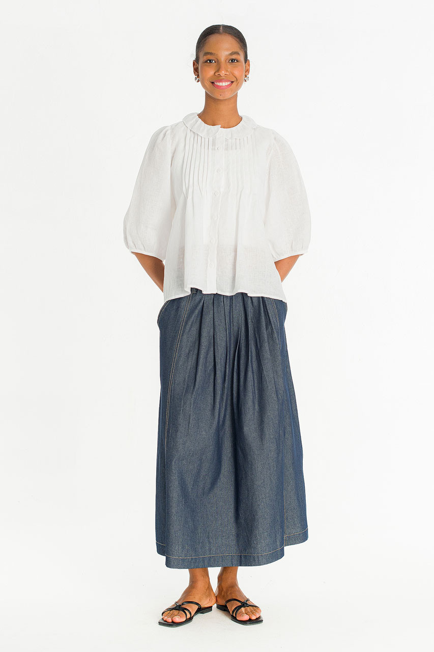Pintuck Linen Frill Blouse, White