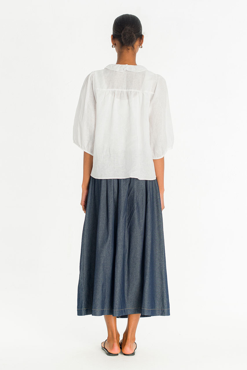 Pintuck Linen Frill Blouse, White