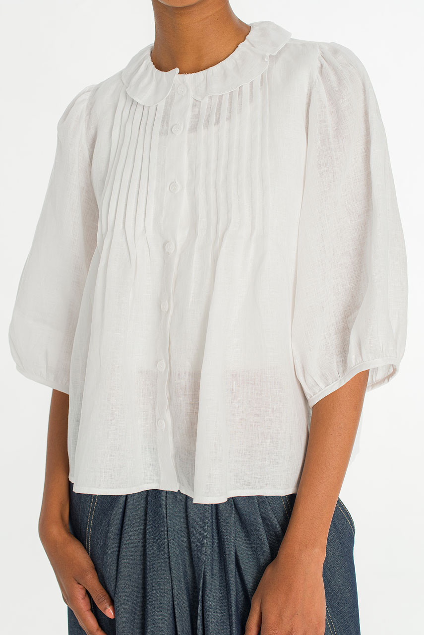 Pintuck Linen Frill Blouse, White