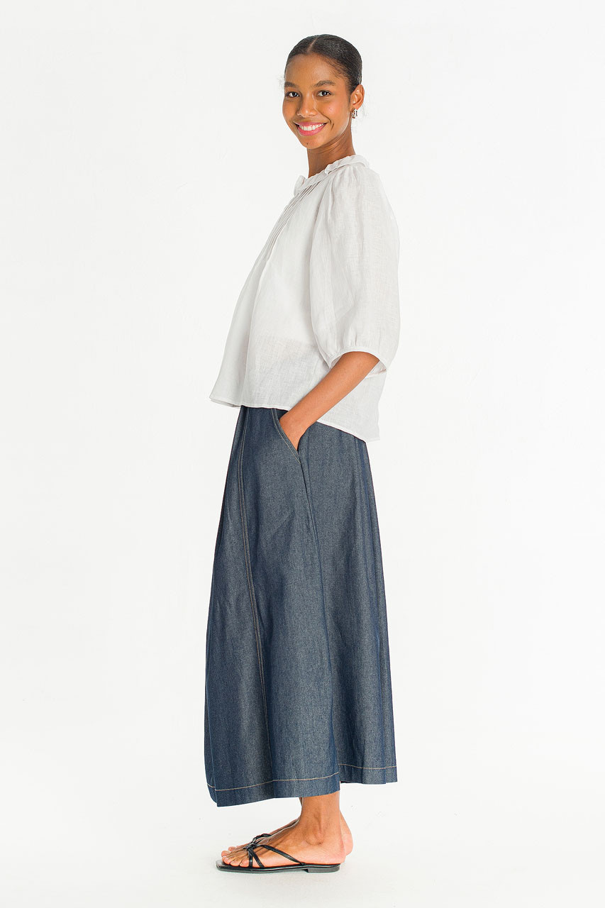 Pintuck Linen Frill Blouse, White