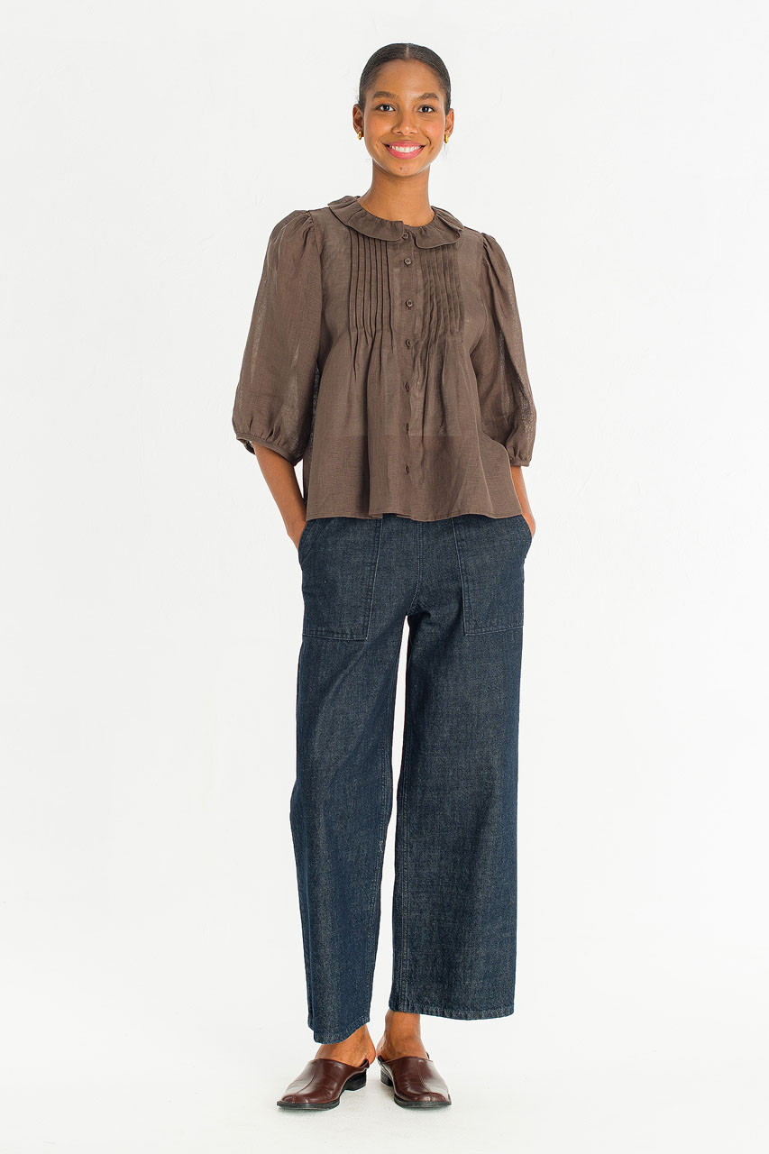 Pintuck Linen Frill Blouse, Brown