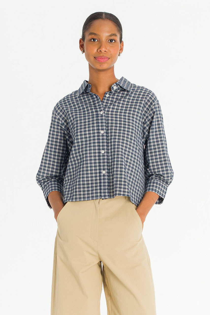 Ellen Check Crop Shirt, Navy