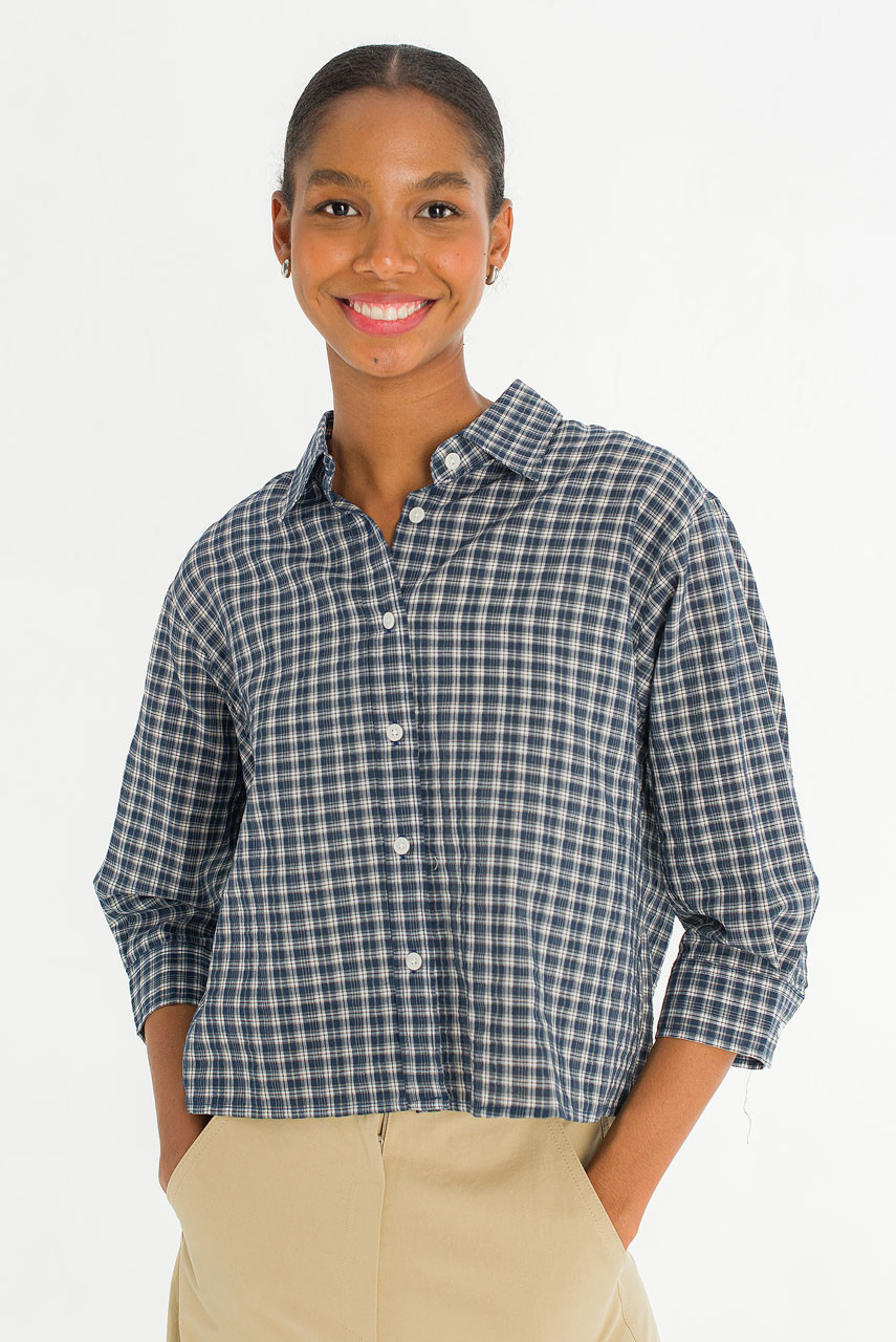 Ellen Check Crop Shirt, Navy