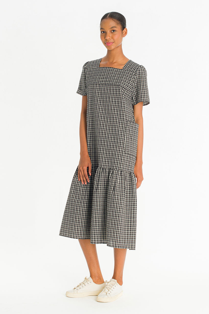Netti Check Square Pocket Dress, Black